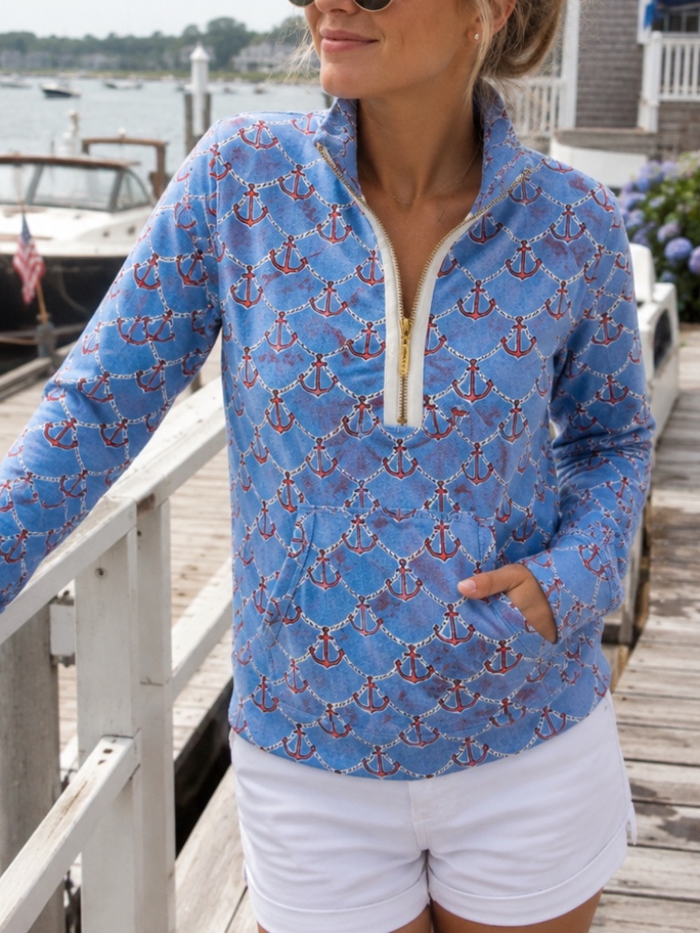 Lilly Pulitzer Anchor Print Quarter Zip Pullover | Nautical Blue Red White Coast